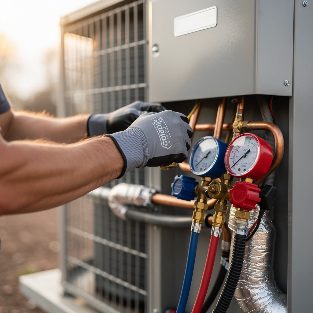 CoolAir Pros Denver HVAC technician performing professional maintenance on a residential heating and cooling system